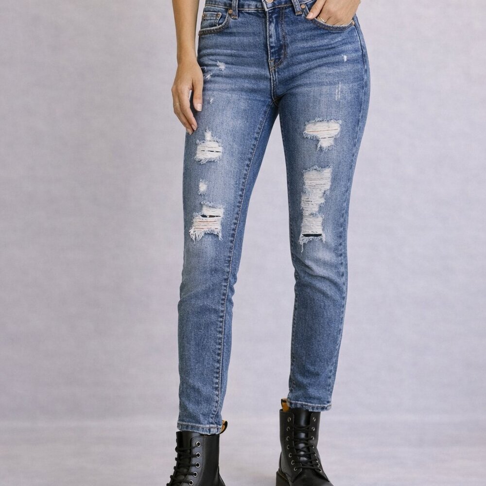 ENJEAN Distressed Skinny Jeans Mid Rise Ripped Denim Sz 3